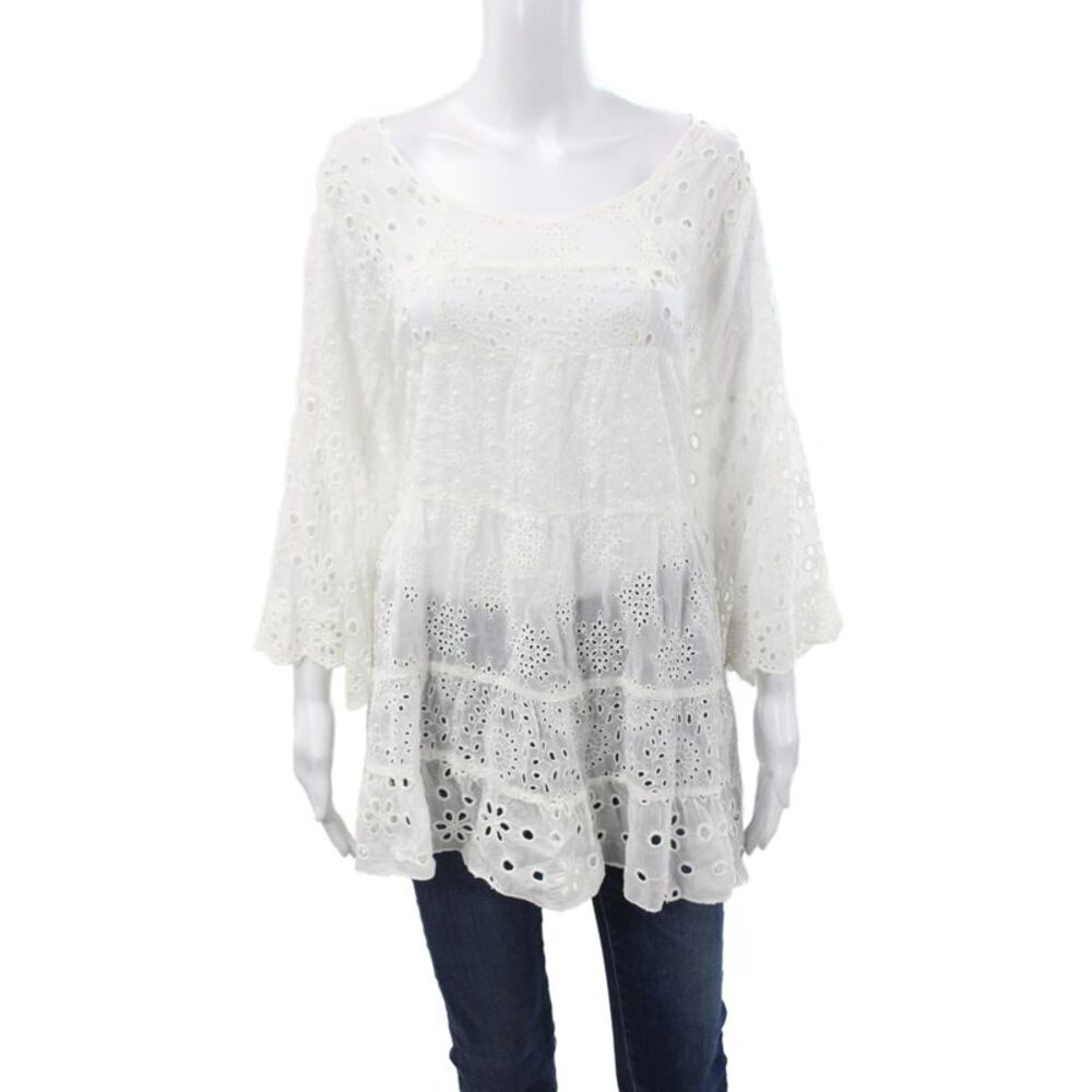 Johnny Was Women Bohemian Cotton Tunic Blouse White Long Sleeve Size XL
